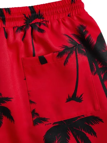 Miniatura 30 de GORGLITTER Conjunto de 2 piezas de camiseta gráfica de manga corta para hombre, estampado hawaiano con cordón y pantalones cortos