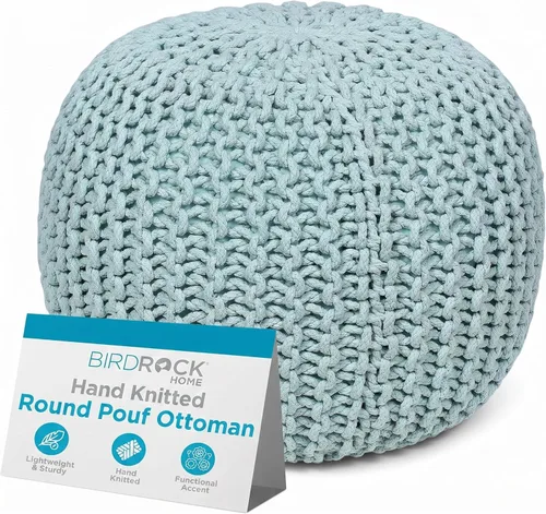 Miniatura 10 de BIRDROCK HOME Puf Otomano Redondo Taburete de Pie de Algodón Trenzado con Relleno de Frijoles Reposapiés Bohemio para Sala de Estar y Dormitorio