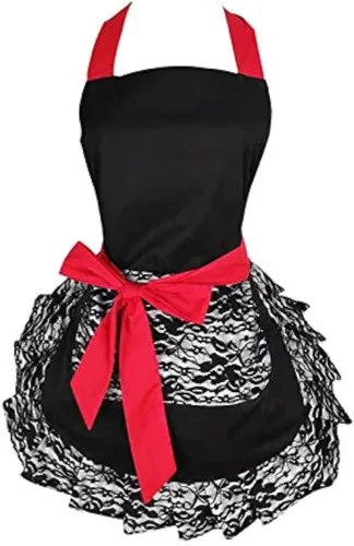 Hyzrz Bonito delantal de encaje coqueto con bolsillo, divertido delantal retro sexy de cocina para mujeres y niñas (negro)