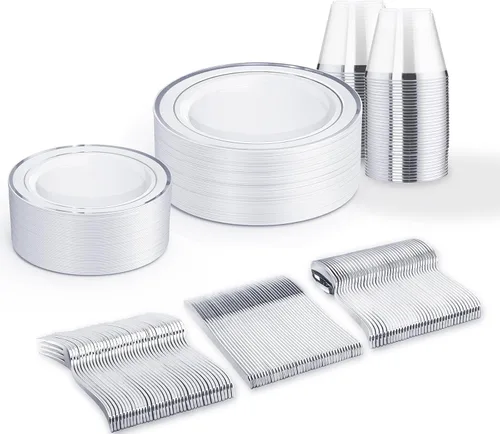 Miniatura 28 de WELLIFE Juego de vajilla desechable de 600 piezas color dorado y blanco para 100 invitados, platos de plástico blanco con borde dorado, platos