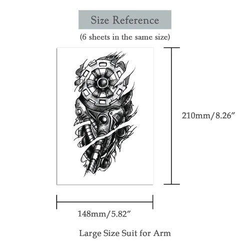 Miniatura 3 de 6 hojas de tatuajes temporales de equipo mecánico biomecánico para hombres, reloj de engranaje robot negro y gris, impermeable, calcomanías falsas
