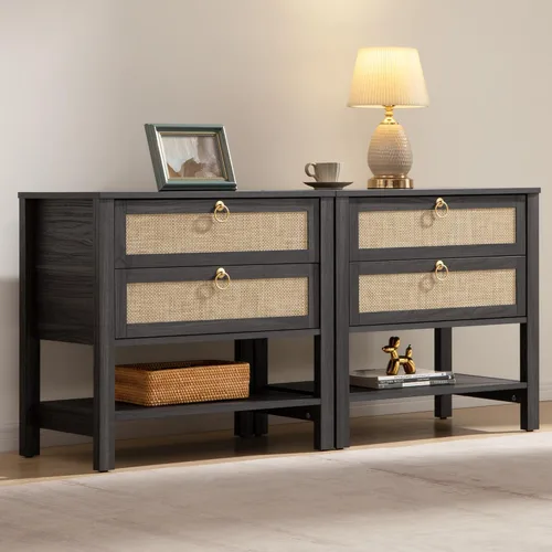 Miniatura 14 de Sicotas - Mesita de noche con cajones y estante de almacenamiento - Gran mesita de noche de ratán, decoración boho, mesita de cabecera estrecha