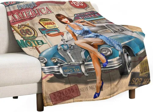 Miniatura 89 de Manta de motocicleta antigua, rústica y clásica, con temática de auto clásico, ruta de EE. UU., 66, patrón impreso, manta de franela súper suave