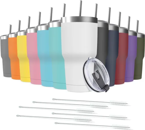 Miniatura 19 de Taza de viaje de acero inoxidable de 30 onzas con tapa, paquete de 6 vasos de doble pared aislados al vacío a granel con 6 pajitas, taza de café