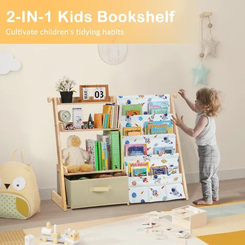 Miniatura 3 de decalsweet Estantería infantil y organizador de almacenamiento de juguetes de madera 2 en 1 para niños pequeños, estante de 4 niveles con caja