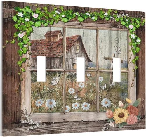 Miniatura 143 de Placa Cubierta de Interruptor de Luz de Palanca Individual con Diseño de Flor Botánica en Tablero de Madera Rústico Estilo Granja - Placa de Pared