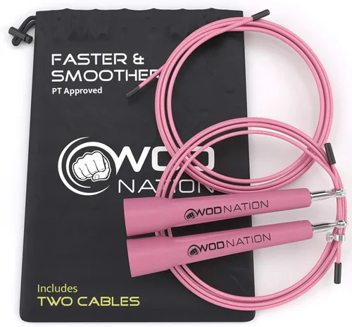 WOD Nation Cuerda de saltar de velocidad ajustable para hombres, mujeres y niños - Cuerda de saltar de fitness ultrarrápida perfecta para boxeo, Rosa