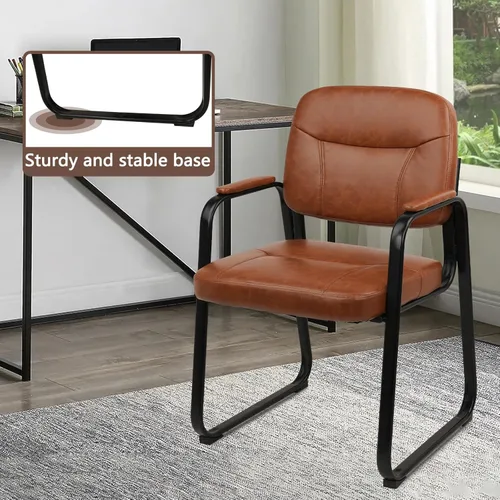 Miniatura 7 de CLATINA Sillas de recepción de espera sin ruedas, silla de invitados de cuero con brazos acolchados, modernas sillas de escritorio de oficina marrón
