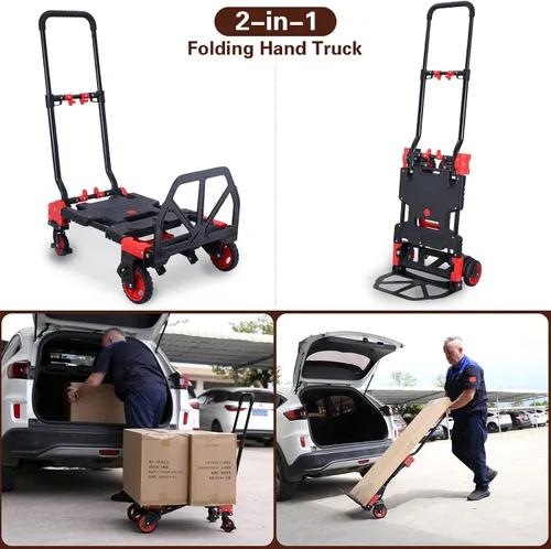 Miniatura 2 de Carretilla de Mano Plegable 2 en 1 Dolly 330LB Capacidad de Carga, Carretilla de Mano Plegable Dolly con Mango Retráctil y 4 Ruedas de Goma, Carrito