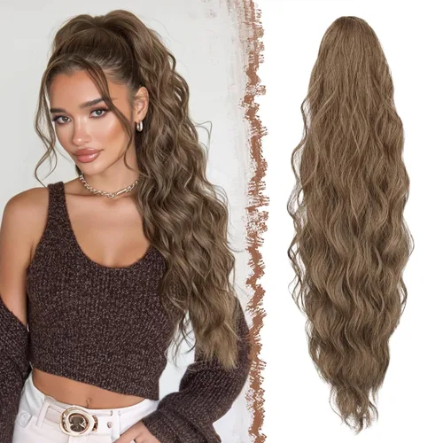 Miniatura 7 de FESHFEN Extensiones de cola de caballo – 26 pulgadas cordón largo rizado ondulado clip en colas de caballo pelo sintético extensiones de cola