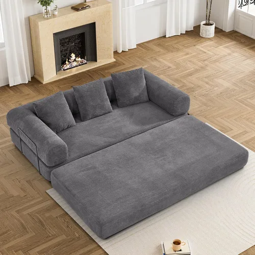 Miniatura 20 de DAMAIFROM Sofá cama convertible con almohada cilíndrica, sofá cama plegable de pana con marco de forma fija, sofá modular de suelo para sala de Beige