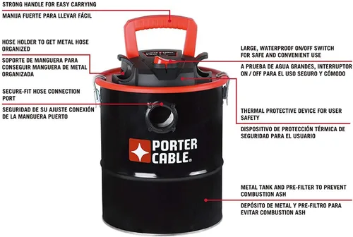 Miniatura 7 de Porter-Cable Aspiradora de Cenizas de 4 Galones 4 HP Pico, con Manguera de Metal, Prefiltro y Filtro de Cartucho, Ideal para Chimeneas, Fogatas