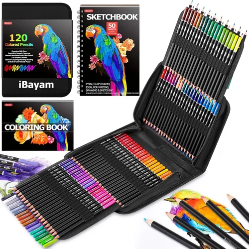 iBayam Juego de 123 lápices de colores con cuaderno de bocetos de 3 colores, lápices de colorear, suministros de arte, lápices de dibujo