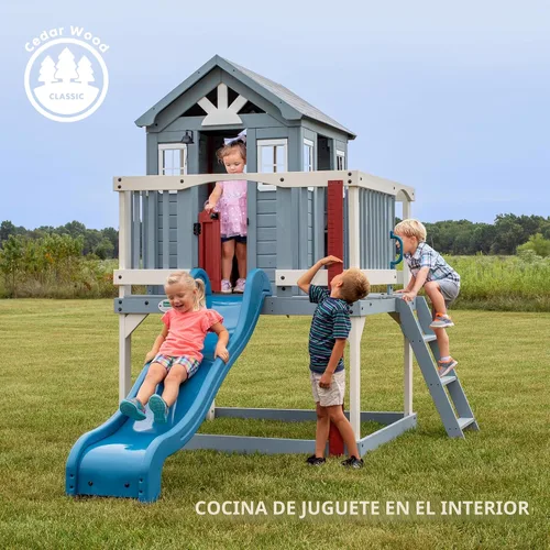 Miniatura 7 de Backyard Discovery Beacon Heights - Casa de juegos elevada de madera de cedro para niños con tobogán ondulado, cocina de juegos, cubierta