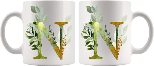 Miniatura 3 de Taza de café Alpha/N con letra gráfica N – Letra alfabeto monograma N – oro brillante cualquier letra floral alfabeto té café caliente taza