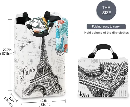 Miniatura 5 de Nander Cesta de lavandería, cesta de tela plegable, bolsa de ropa plegable o vertical (torre Eiffel de París)