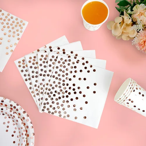 Miniatura 4 de Suministros de fiesta de oro blanco y rosa – Juego de vajilla desechable de 350 piezas – platos de papel blanco, servilletas, vasos, tenedores