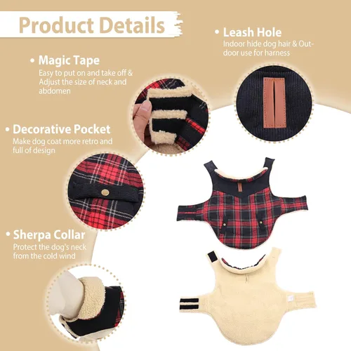 Miniatura 3 de Abrigo de invierno para perros pequeños y medianos, chaqueta a cuadros para cachorros, abrigo de algodón para clima frío, prendas cálidas y Rojo