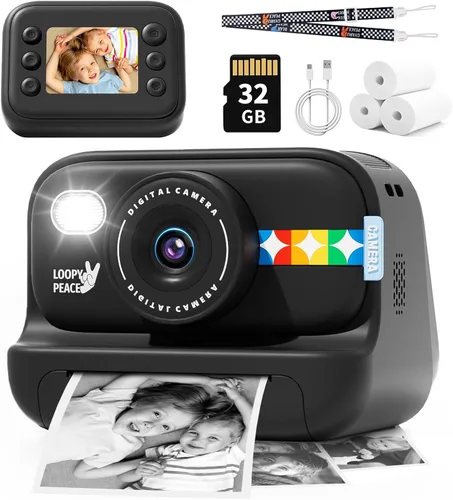 Miniatura 8 de Cámara de impresión instantánea para niños con papel de impresión de 5 colores, foto de 48MP, video 1080P, 21 marcos divertidos, tarjeta de 32GB