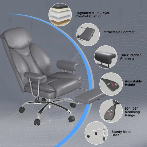 Miniatura 8 de Silla de oficina grande y alta, asiento ancho de 500 libras, silla de oficina ergonómica ejecutiva con reposapiés retráctil y brazos acolchados