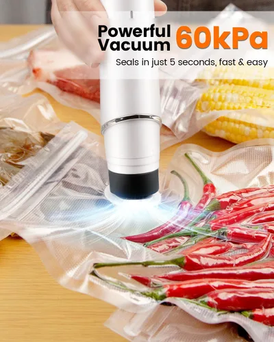 Miniatura 3 de Sellador al vacío portátil para alimentos, 10 bolsas selladoras reutilizables con una potente máquina selladora al vacío de mano de 60 kPa, sellador