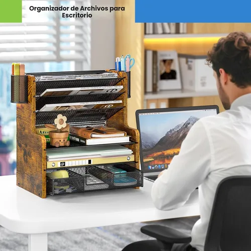 Miniatura 2 de DAOUTIME Organizador de escritorio de malla de 6 niveles con cajón, organizador de oficina de madera para papeles, carpetas y suministros
