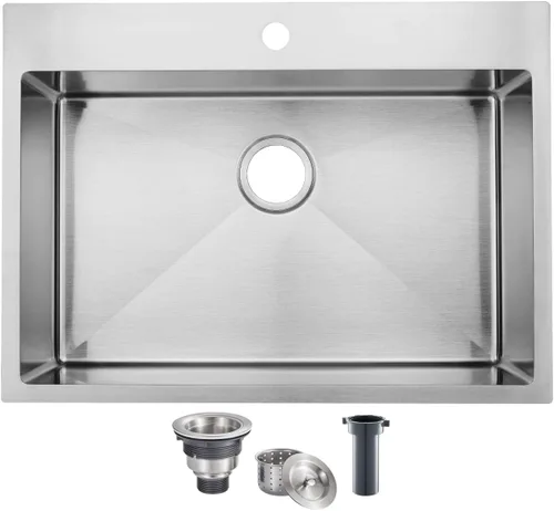 SHACO Fregadero de cocina de 28 pulgadas, fregadero de montaje superior de acero inoxidable T304 de 16 calibre hecho a mano comercial, fregadero de