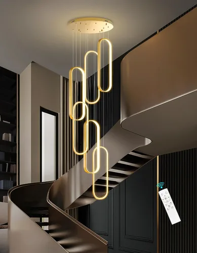 Miniatura 17 de Candelabros LED modernos para entrada de vestíbulo, techo alto, lámparas de escalera largas, regulables, montaje empotrado, alto recibidor, Negro