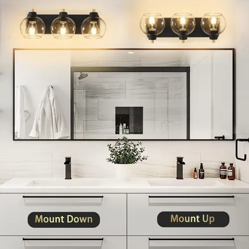 Miniatura 5 de Tuscarora Lámpara de tocador de baño de 3 luces, lámparas de baño negras y doradas, lámpara de tocador moderna con pantalla de vidrio transparente