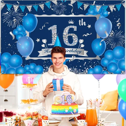 Miniatura 8 de Decoraciones de feliz cumpleaños número 16, pancarta azul y plateada y suministros de fiesta para uso en exteriores e interiores, 72.8 x 43.3