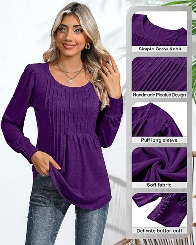 Miniatura 6 de Ficerd Blusa plisada de manga corta abombada para mujer, cuello redondo, elegante, casual, holgada, para primavera y verano