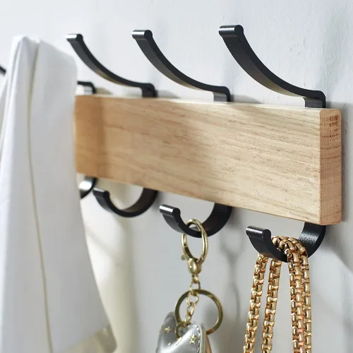 Miniatura 8 de Perchero de madera maciza para colgar en la pared, colgador de entrada, perchero de madera de metal con 5 ganchos de aluminio negro para bufanda