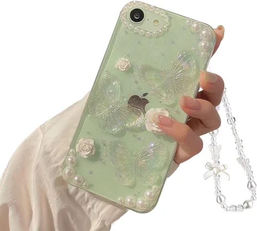 Miniatura 14 de Funda compatible con iPhone 13 Mini 3D, diseño floral de mariposa, transparente con diseño estético, fundas protectoras con purpurina y cristales