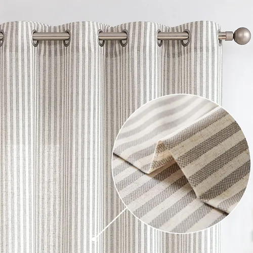 Miniatura 15 de Vangao Cortinas de lino a rayas para sala de estar, dormitorio, casa rural con estampado de rayas de tictac, cortinas impresas con ojales