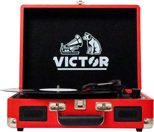 Miniatura 2 de VICTOR Metro - Tocadiscos portátil de maleta de 3 velocidades con doble entrada y salida Bluetooth y altavoces estéreo integrados, rojo (VSRP-800-RD)