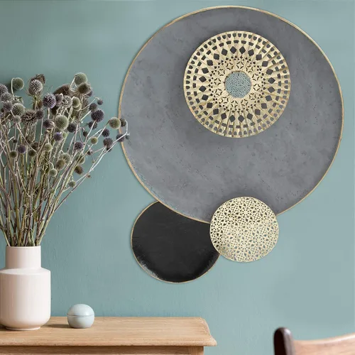 Miniatura 8 de MODERNIST HOME - Roundeles flotantes, escultura de pared de metal, decoración, detalles dorados dorados, gris brillante y negro, detalles