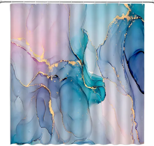 Miniatura 2 de Cortina de ducha de mármol verde azulado y rosa, moderna, abstracta con textura de mármol azul, rayas doradas, elegante decoración de tela de lujo