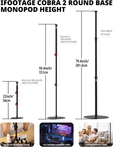 Miniatura 6 de IFOOTAGE Monopod de base redonda RB-A200, huella pequeña, Max.payload10KG, estructura estable de aleación de aluminio, altura 10.6 "/27 cm~ 22.05