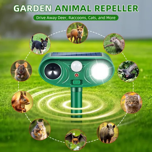 Miniatura 5 de Repelente solar ultrasónico de animales para exteriores, dispositivo disuasorio de gatos y repelente de ciervos, disuasorio de control de conejo