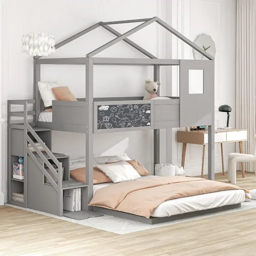 Cama litera con escalera en forma de casa con escalera con almacenamiento y ventana para niños o niñas, no se necesita somier