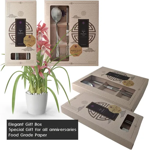 Miniatura 7 de [1 Set] [Hecho en Corea] Juego de palillos de cuchara de arroz pegajosa de estilo coreano con diseño de orquídea, juego de cubiertos de acero