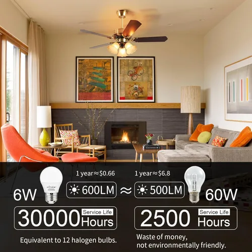 Miniatura 5 de comzler Bombilla pequeña de 6 W, luz blanca cálida de 2700 K, equivalente a 60 vatios, base de tornillo estándar E26 con forma A15/G45 para 2700K
