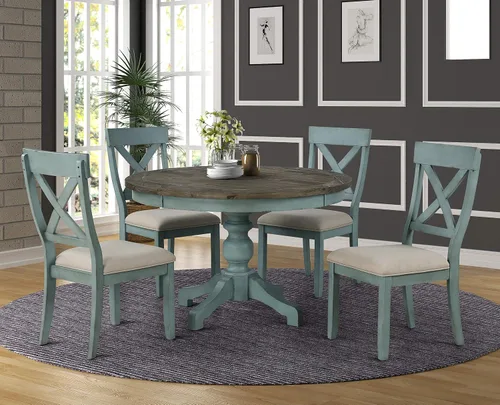 Roundhill Furniture Prato - Juego de mesa de comedor redonda de 5 piezas con sillas de respaldo cruzado, color azul antiguo y nogal envejecido