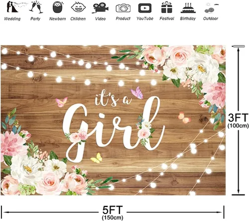 Miniatura 4 de Fondo para baby shower con texto en inglés "It's a Girl" para baby shower, acuarela, rosa, floral, madera rústica, fondo de fotografía de mariposa