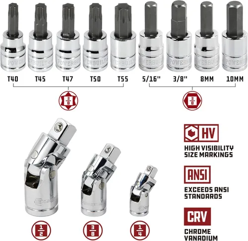 Miniatura 7 de Powerbuilt Juego de herramientas mecánicas de accionamiento de 200 piezas de 1/4 pulgadas, 3/8 pulgadas y 1/2 pulgadas, con juego de llaves SAE