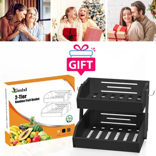Miniatura 7 de Gmtsl Cesta de frutas de bambú para cocina, frutero de 2 niveles para encimera de cocina, soporte grande para frutas con 2 ganchos para plátanos