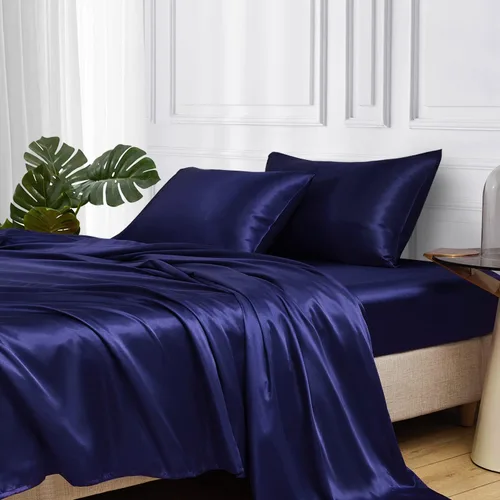 Miniatura 80 de MR&HM Sábanas de satén para cama de tamaño King, juego de 4 piezas de ropa de cama sedosa con bolsillo profundo de 15 pulgadas para colchón