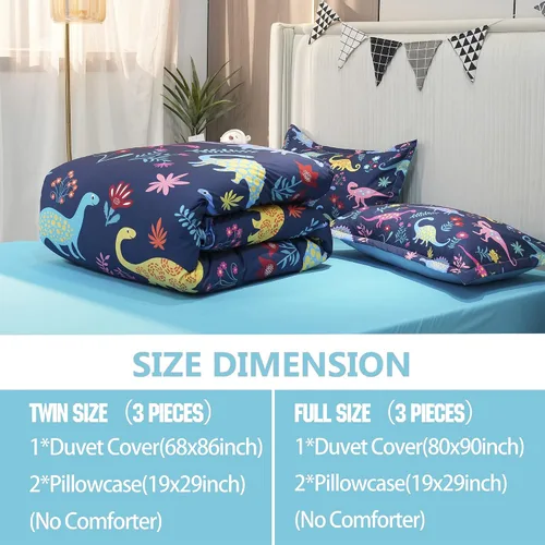 Miniatura 5 de Juego de cama individual de dinosaurio, juego de cama de 3 piezas, 86 x 68 pulgadas, juego de funda de edredón para niños, adolescentes y niños, 1