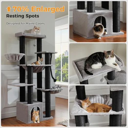 Miniatura 3 de MUTTROS Maine Coon Árbol para Gatos-67 Torre Grande para Gatos de Interior Gatos Grandes Adultos con 7 Postes Rascadores Negros Gruesos (φ4.3)