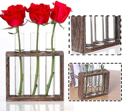 Miniatura 4 de Estación de propagación de madera con 3 tubos de ensayo de vidrio, soporte de terrario de vidrio de mesa para esquejes hidroponía, decoración